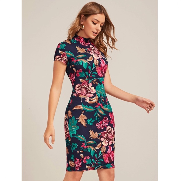 Floral Pattern Navy Blue Slim Dress Knee Length - Picture 3 of 9